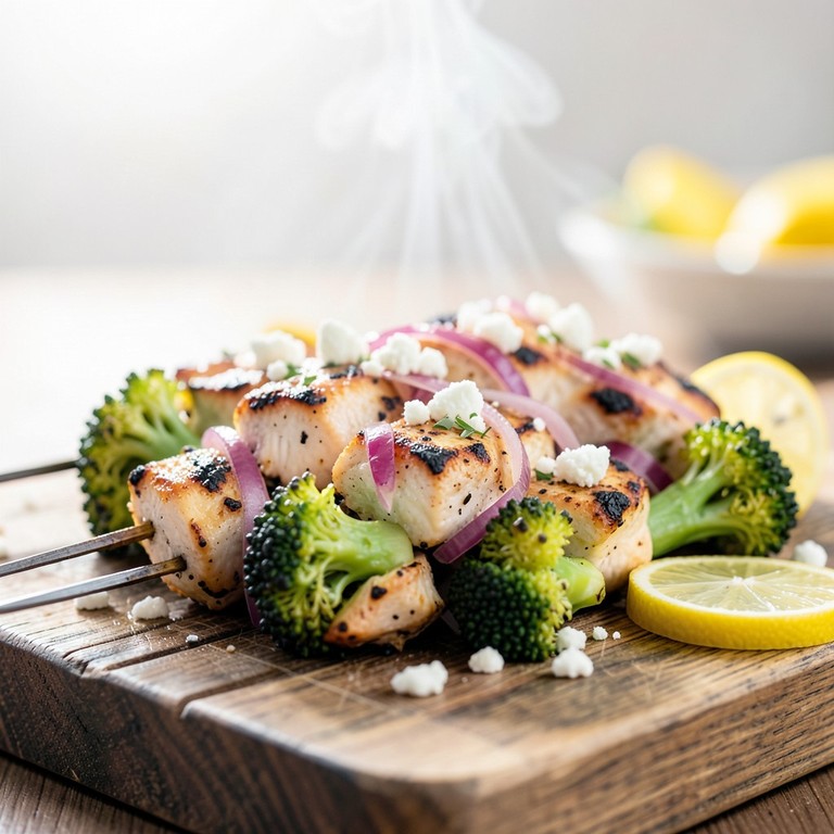 Mediterrane Hähnchen-Brokkoli-Spieße mit Feta und Zitrone